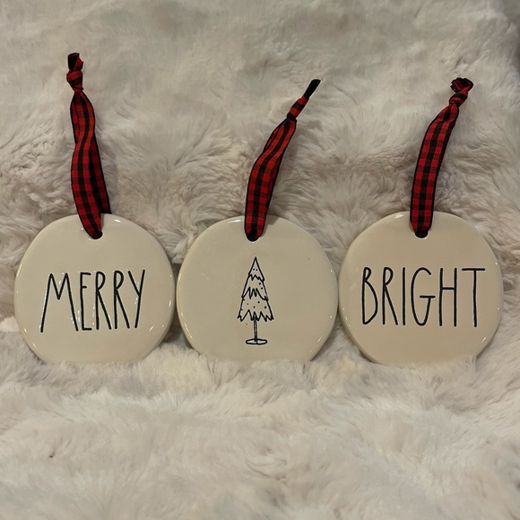 RAE DUNN by Magenta "MERRY, 🎄, BRIGHT” Christmas Ornament Set of 3 - Picture 1 of 5